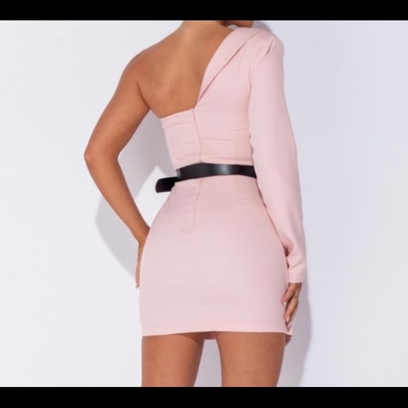 Women’s Pink Asymmetric Sleeve Belted Blazer Dress - Picture 2 of 3